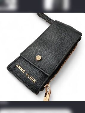 Anne Klein Black Pebbled Leather Wristlet  with Gold Hardware